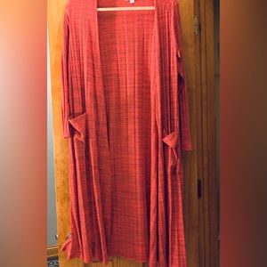LuLaRoe Sarah.  Beautiful red/black (pinkish toned red) long duster.